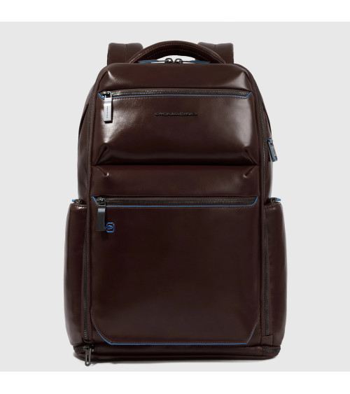 Piquadro Blue Square Leather Backpack - USB Mahogany